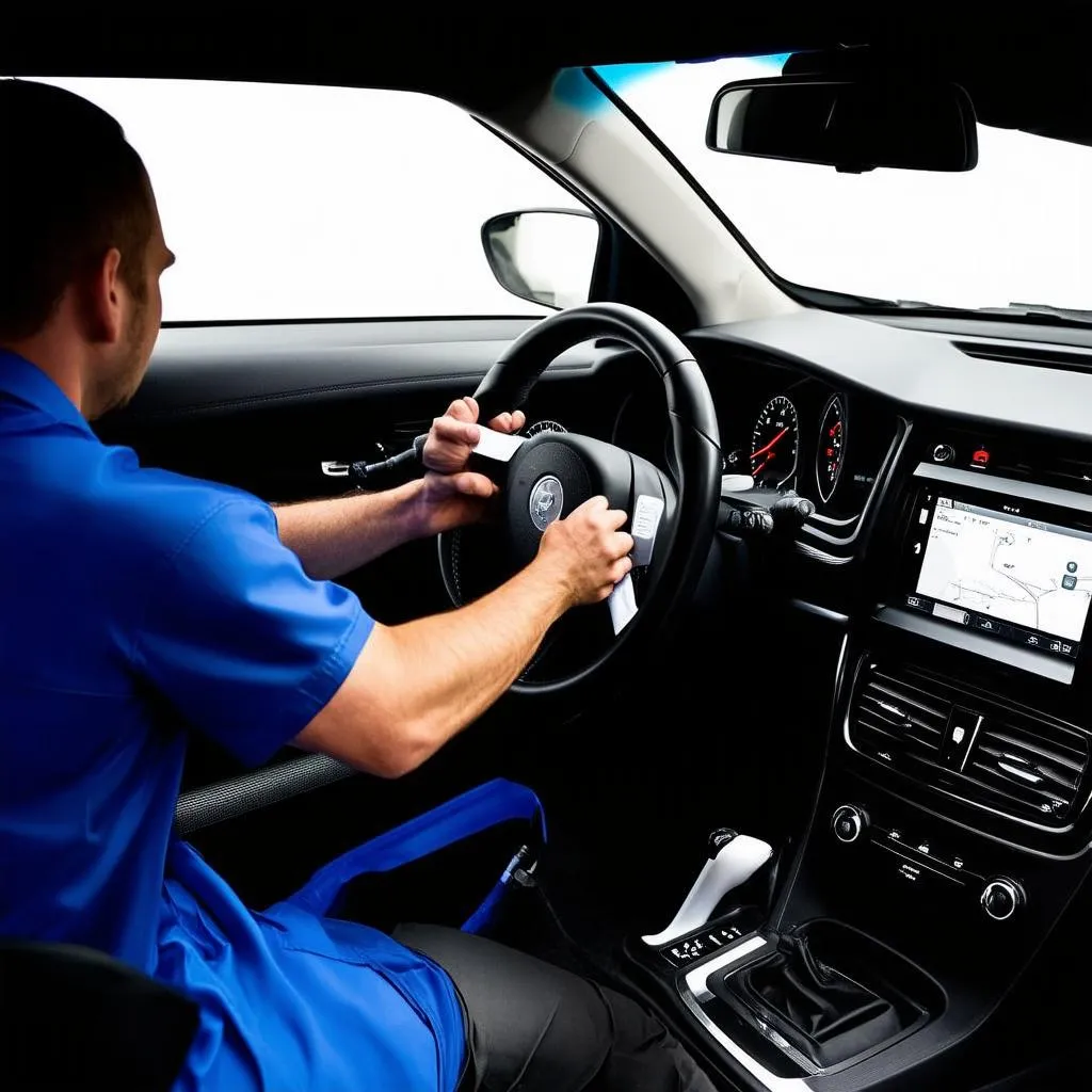 Mechanic plugging a dealer-level scan tool into a European car